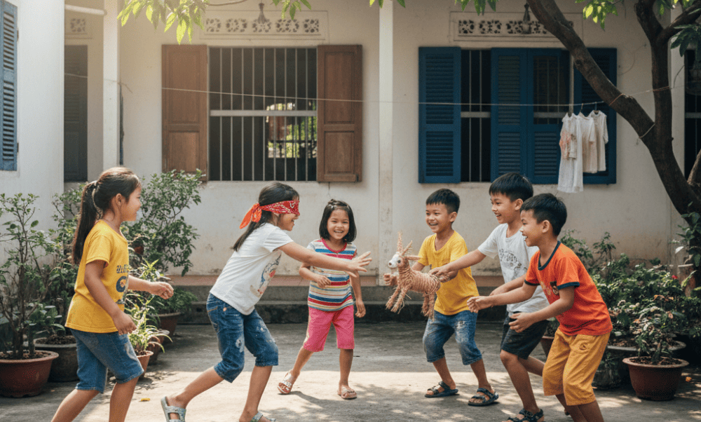 In Vietnam’s traditional game “Bit mat bat de” (Blindfolded Goat Catching), it is not about speed; it’s about listening, guessing, and hilarious missteps